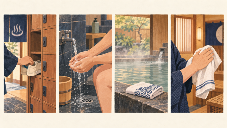 Four illustrated steps: storing shoes, washing, keeping a towel outside the bath and drying off