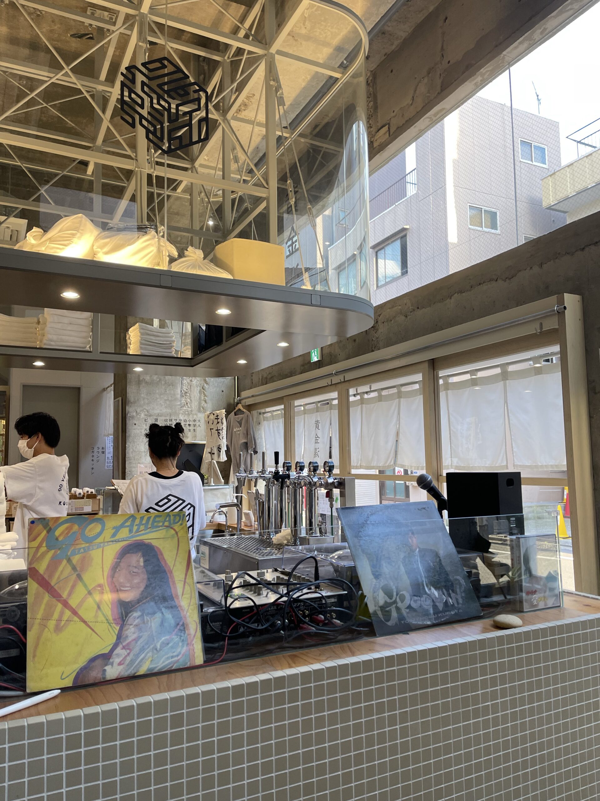 Lobby and drink counter inside Koganeyu Tokyo