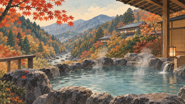 Illustrated open-air hot spring overlooking a mountain valley in autumn