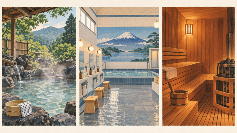 Illustrated comparison of an outdoor onsen, a tiled sento bath and a wooden sauna room