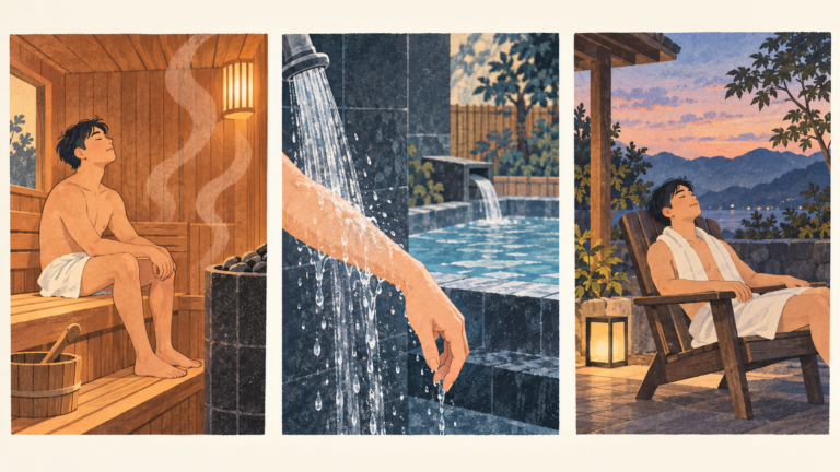Illustrated sauna, rinsing beside a cold bath and outdoor rest sequence