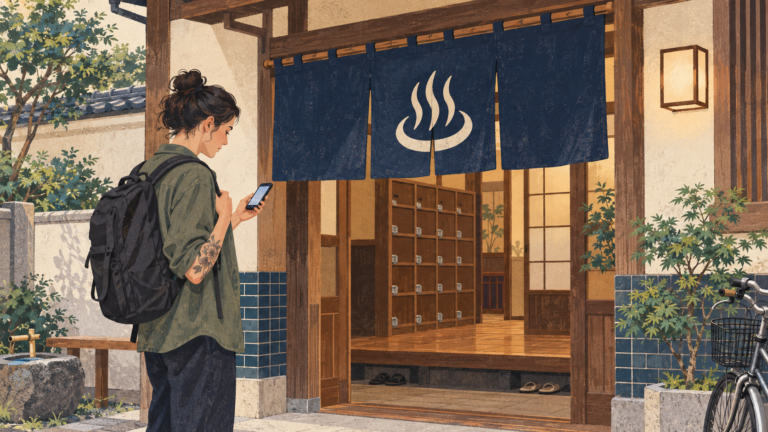 Illustration of a tattooed traveler checking a bathhouse policy on a phone before entering