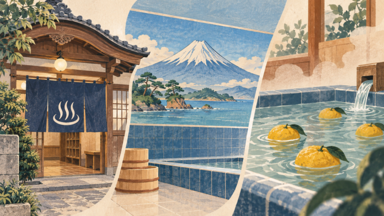 Illustrated sento entrance, Mount Fuji bath mural and yuzu citrus floating in bathwater